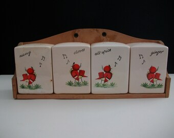 Vintage Kitsch Spice Jars with Wooden Rack Cooking Spice Rack Vintage Kitchen