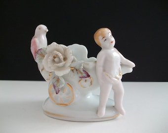 NEW LISTING! Vintage Figurine Cart with Cherub & Bird Miniature Trinket Dish / Planter