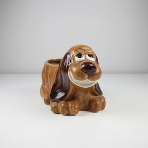 May include: A ceramic planter shaped like a brown dog with long, dark brown ears, a white muzzle, and a glossy finish. The dog has large, upward-looking eyes and a dark brown nose, with an open cavity on its back for holding small items.