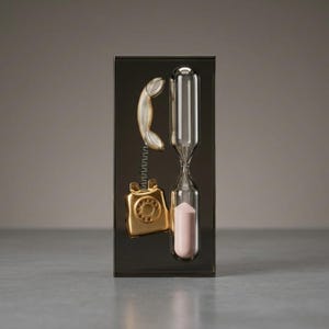 May include: A rectangular dark glass plaque featuring a gold-coloured rotary telephone with a coiled cord on the left side and a clear glass hourglass containing light pink sand on the right side, creating a decorative wall-mounted art piece.