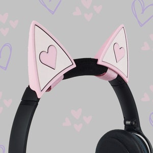 Pink Hearts Cat Ears, Streaming Headphone Cat Ears, Cat Ears that Attach to Headset, Cosplay Cat Ears Attachment, Headset Attachment