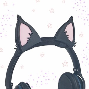 Black Anime Cat Ears, Streaming Headphone Cat Ears, Cat Ears that Attach to Headset, Cosplay Cat Ears Attachment, Headset Attachment