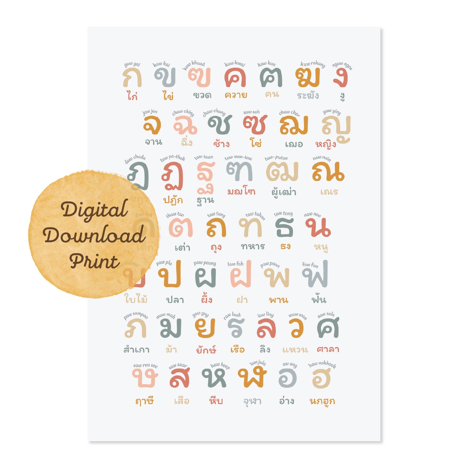 Digital Thai Alphabet Poster Thai Nursery Decor, Learn Thai at Home