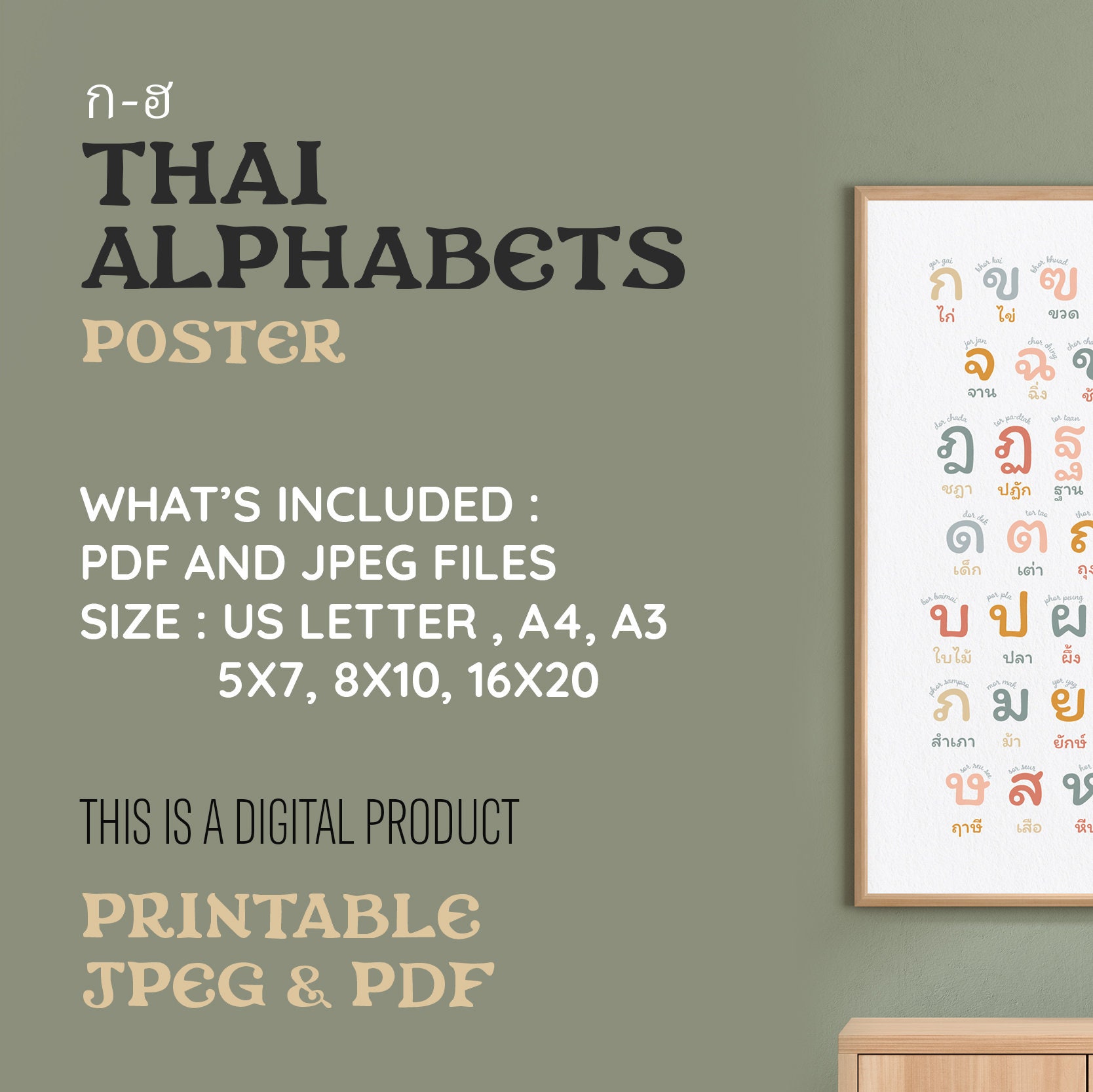 Digital Thai Alphabet Poster Thai Nursery Decor, Learn Thai at Home
