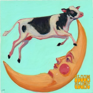 Hey Diddle Diddle Print Cow Jumped over the Moon | Nostalgia | | Celestial Art | Bizarre Art | Cow Art | Nursery Rhyme art | whimsical art