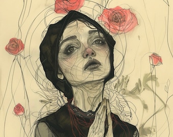 Lady of Sorrows Print | Whimsical Art | Pop Surrealism | Dark Cottagecore | Emotional Art | Flower Lady | Botanical Art | Fashion Sketch