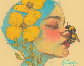 Sweet Nectar Print, nostalgic art, 60s style art, vintage style art, profile portrait, bee art, abstract woman, surreal art, floral woman