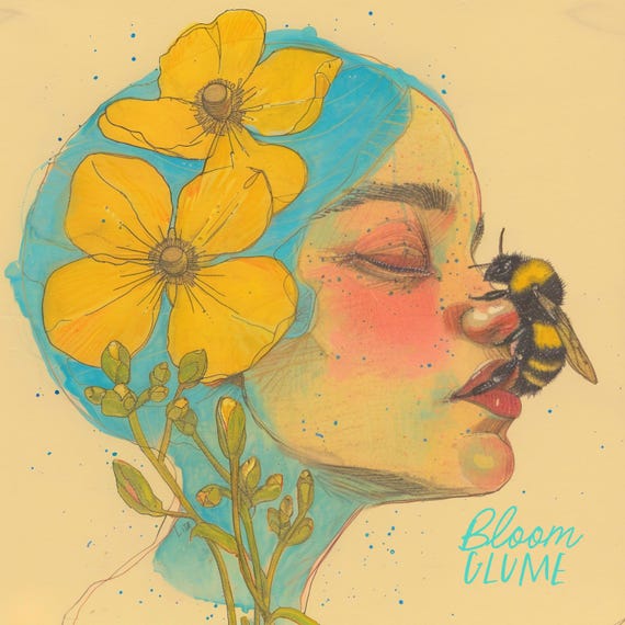 Sweet Nectar Print, nostalgic art, 60s style art, vintage style art, profile portrait, bee art, abstract woman, surreal art, floral woman