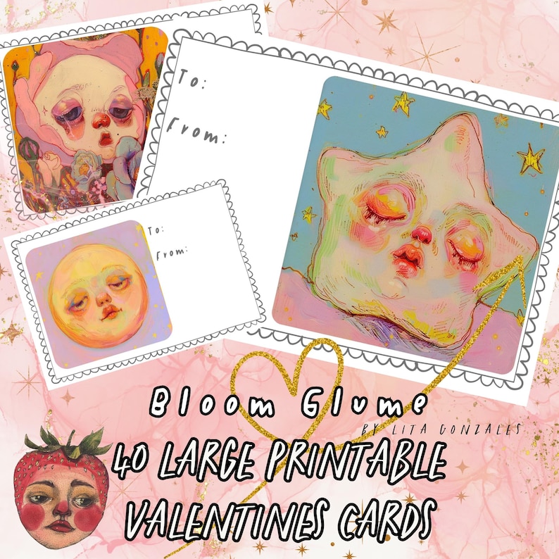 May include: Set of 40 printable Valentine's Day cards featuring whimsical illustrations of a moon, a star, and a strawberry with a cute, cartoonish style. The cards are blank and ready to be personalized with messages.
