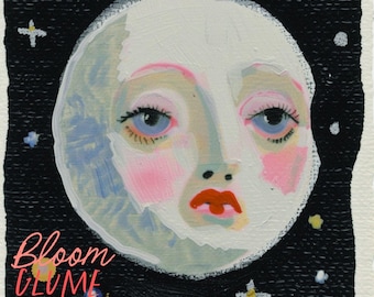 Mystic Moon | Illustration Art | Whimsical Art | Moon with a face | pop surreal | Celestial Art | Fantasy Art | Esoteric Art