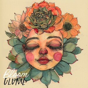 May include: Watercolor painting of a face with closed eyes surrounded by flowers and leaves. The face has pink cheeks and a light pink mouth. The flowers are red, orange, and white. The leaves are green.