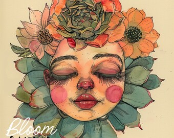 Shasta Succulent “Bloomies”, Flower Face, Alice in Wonderland, talking flowers, Fairytale art, Doll flower, Lowbrow art, Cottagecore