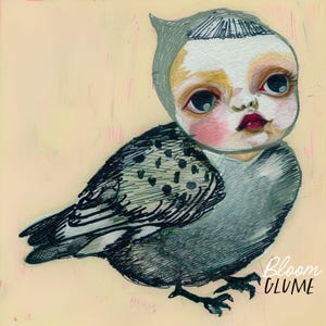 May include: A whimsical painting of a bird with a human face. The bird is gray with black spots and has a gray hooded head. The face is painted with delicate features and a red lip. The painting is signed "Bloom GLUME" in the bottom right corner.