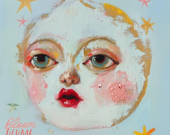 Celestial Moon | Illustration Art | Whimsical Art | Moon with a face | pop surreal | Celestial Art | Fantasy Art | Esoteric Art