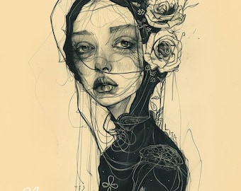 La douleur exquise Print | Whimsical Art | Pop Surrealism | Dark Cottagecore | Emotional Art | Flower Lady | Botanical Art | Fashion Sketch