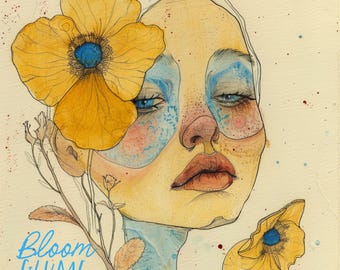 Mellow Yellow Art Print, 60s style art, vintage style art, Flower Face, talking flowers, Doll flower, Lowbrow art, Cottagecore, Trippy Art