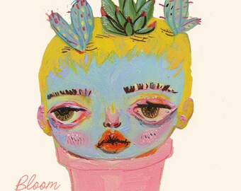 Margo  “Bloomies”, cactus head, Flower Face, Pop Art, talking flowers, Whimsical art, pop art, Lowbrow art, cactus painting, weird art
