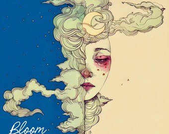 Longing for another world, Celestial Print Moonflower Series, Pop surreal, Low Brow, Celestial Art, Pop Surrealism, whimsical art