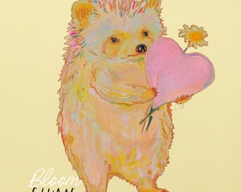 Vintage Inspired Hedgehog Valentines Day Mini 5x5 art print, Valentines Art, Valentines Decor, Creepy Cute Vintage Style art, pastel grunge