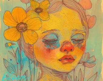 Indie Yarrow Art Print, 60s style art, vintage style art, Flower Face, talking flowers, Doll flower, Lowbrow art, Cottagecore, Trippy Art