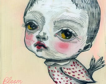 May include: A whimsical illustration of a child with large eyes and rosy cheeks, depicted as a bird with red polka dots. The artwork is titled "Bloom GlumE" in pink lettering.