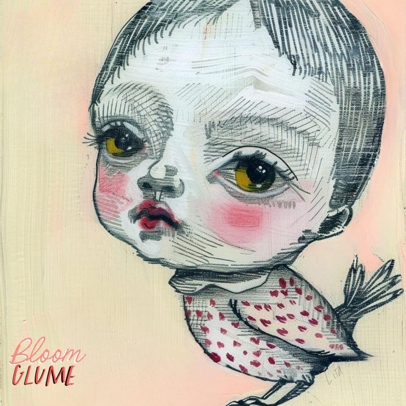 May include: A whimsical illustration of a child with large eyes and rosy cheeks, depicted as a bird with red polka dots. The artwork is titled "Bloom GlumE" in pink lettering.