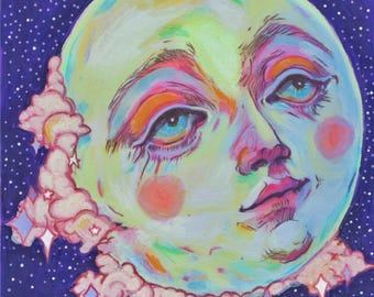 Vintage Style Moon | Illustration Art | Whimsical Art | Moon with a face | pop surreal | Celestial Art | Fantasy Art | Esoteric Art