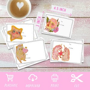 May include: Printable gift tags featuring whimsical illustrations of a star, a hedgehog, a unicorn, and a woman with flowers. The tags are 3 inches by 4.5 inches and have a space for "To:" and "From:" on each tag.