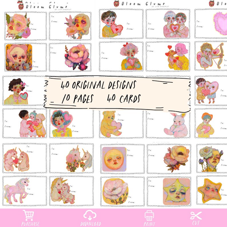 May include: A set of 40 printable Valentine's Day gift tags featuring whimsical illustrations of flowers, animals, and faces. The tags are designed in a pastel color palette and have a vintage aesthetic. The text "Bloom Glume" and "40 Original Designs" is included on the page.