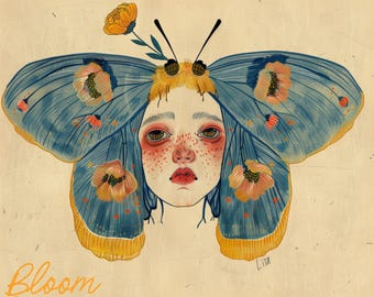 Art Nouveau Inspired Moth Woman Print, 60s style art, vintage style art, moth goddess, Art Deco, Trippy Art, Art Nouveau moth lady