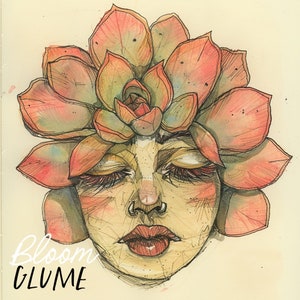 May include: A watercolor illustration of a face with closed eyes, adorned with a succulent flower crown. The artwork features soft peach, green, and red hues, with the text "Bloom Glume" in a handwritten style.