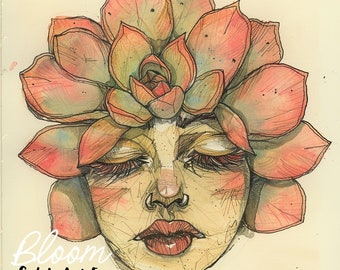 Hora Succulent “Bloomies” Series, Flower Face, Alice in Wonderland, talking flowers, Fairytale art,  Doll flower, Lowbrow art, Cottagecore