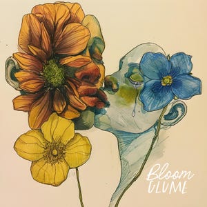 May include: A watercolor painting of two faces, one with a large orange flower and the other with a blue flower, kissing. The painting is titled "Bloom Glume".