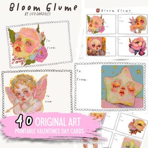 May include: A set of 40 printable Valentine's Day cards featuring original art. The cards feature whimsical illustrations of cherubs, stars, and flowers in a pastel color palette. The cards are designed with a blank space for writing a message.