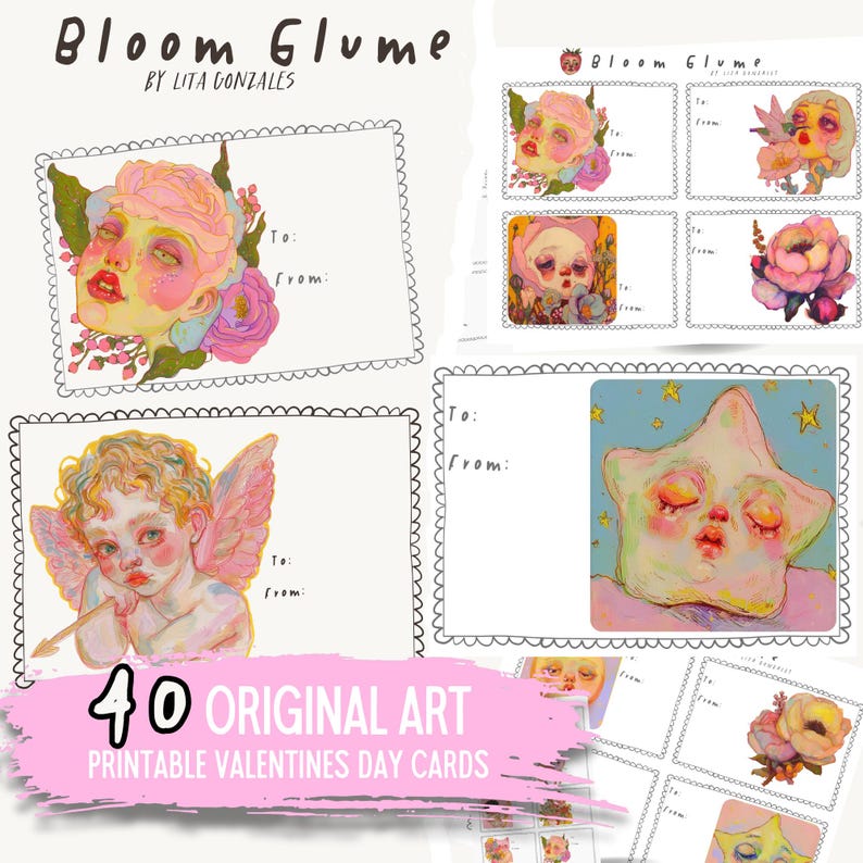 May include: A set of 40 printable Valentine's Day cards featuring original art. The cards feature whimsical illustrations of cherubs, stars, and flowers in a pastel color palette. The cards are designed with a blank space for writing a message.