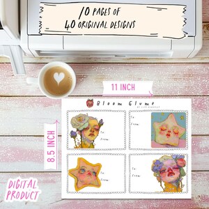 May include: A printable sheet of 4 gift tags featuring whimsical illustrations of a girl with flowers, a star, and a girl with flowers. The sheet is 8.5 inches by 11 inches and includes the text "Bloom Glume by Lita Rosenthal".