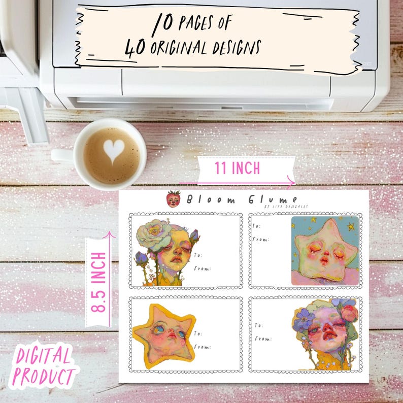 May include: A printable sheet of 4 gift tags featuring whimsical illustrations of a girl with flowers, a star, and a girl with flowers. The sheet is 8.5 inches by 11 inches and includes the text "Bloom Glume by Lita Rosenthal".