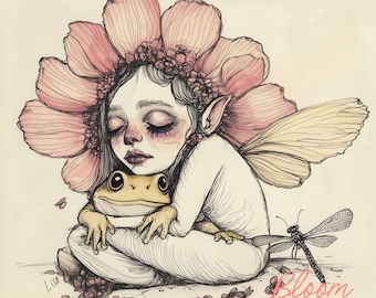 May include: An illustration of a fairy with a flower crown and wings, embracing a frog. A dragonfly and scattered flowers are also depicted. The artwork is signed "Lita" and includes the text "Bloom Glume".