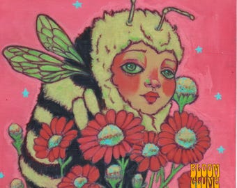 Bumble Bee Flower Fairy Art Print | Whimsical Pop Surreal