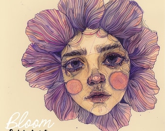 Larkin  “Bloomies” Series Print, Flower Face, Alice in Wonderland, talking flowers, Fairytale art, Doll flower, Lowbrow art, Cottagecore