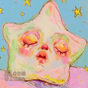 May include: A whimsical painting of a star-shaped figure with closed eyes, rosy cheeks, and full lips. The artwork features a soft color palette of pink, yellow, and blue, with additional yellow stars scattered across the blue background. The text "Bloom Glume" is visible.