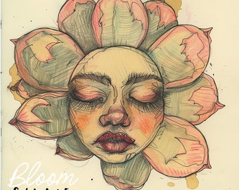 Denay Succulent Flower Face illustration portrait Print | cactus art | Whimsical Sketch |  Bizarre Art | Floral Art | Flowers with faces