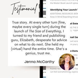 Op de afbeelding: Een getuigenis van Jenna McCarthy over een boeklanceringscursus. De getuigenis benadrukt de nuttigheid van de cursus en de expertise van de instructeur. De afbeelding bevat een screenshot van de website van de cursus, die een bonussectie en een sectie over het lanceren van een e-book op Amazon bevat.