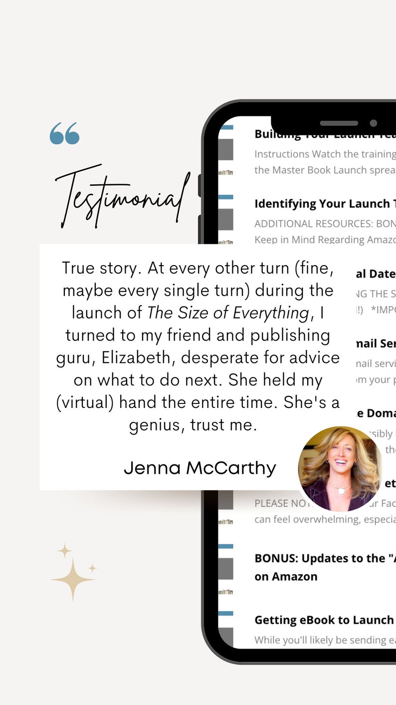Op de afbeelding: Een getuigenis van Jenna McCarthy over een boeklanceringscursus. De getuigenis benadrukt de nuttigheid van de cursus en de expertise van de instructeur. De afbeelding bevat een screenshot van de website van de cursus, die een bonussectie en een sectie over het lanceren van een e-book op Amazon bevat.