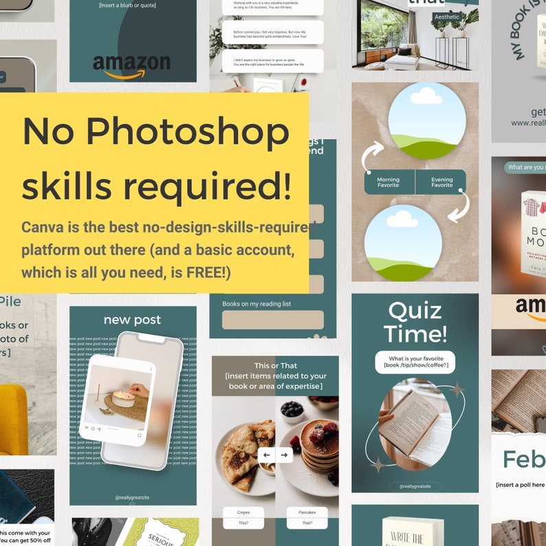 Op de afbeelding: Een collage van afbeeldingen met tips voor het gebruik van Canva om social media content te maken. De tekst "No Photoshop skills required!" staat in grote gele letters. De tekst "Canva is het beste platform zonder ontwerpvaardigheden (en een basisaccount, dat is alles wat je nodig hebt, is GRATIS!)" is ook inbegrepen.