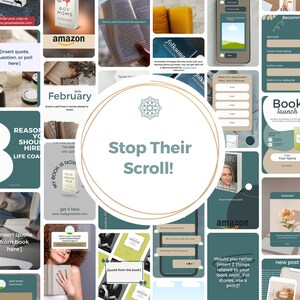Op de afbeelding: Een collage van afbeeldingen met tips voor het promoten van een boek op sociale media. De centrale afbeelding is een cirkel met een gouden rand en de tekst "Stop Their Scroll!" in wit. Andere afbeeldingen omvatten boekomslagen, een telefoonscherm met een poll en een aankondiging van de lancering van een boek.