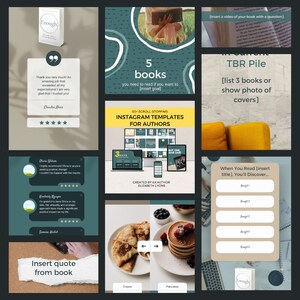 Op de afbeelding: Een collage van Instagram-posttemplates voor auteurs, met een boekomslag, een citaat van een lezer en een lijst met boeken om te lezen. De templates zijn ontworpen om auteurs te helpen hun boeken te promoten en contact te maken met lezers.