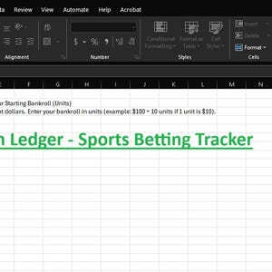 May include: A spreadsheet titled "Clutch Ledger - Sports Betting Tracker" is displayed. The spreadsheet includes columns for bankroll overview, units bet, wins, losses, and ROI. The text is in black and green.