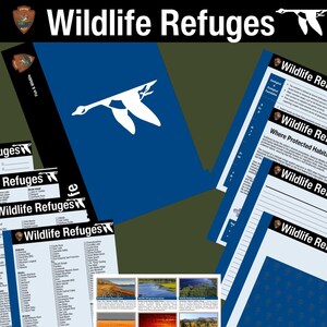 May include: A collection of Wildlife Refuges informational sheets featuring a blue folder with a white goose logo, lists of refuge locations, and a grid of nine landscape photographs with descriptive text about various national wildlife refuges.
