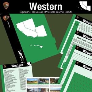 May include: A collection of digital PDF journal inserts titled Western, featuring green and black layouts, maps of California and Hawaii, lists of national parks, historical text, and photographic imagery of landscapes and landmarks.